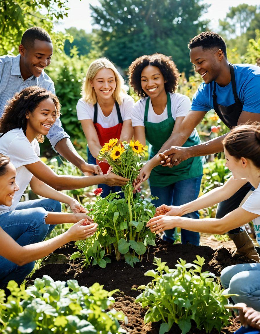 An uplifting scene of diverse volunteers working together in a community garden, planting flowers and vegetables, symbolizing support and love. Bright smiles showcase the connection and friendships formed, with hands reaching out to help each other. Sunlight beams down, creating a warm and inviting atmosphere. Include elements of nature and community spirit. vibrant colors. super-realistic.