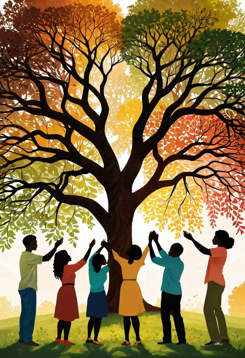 A diverse group of people from various backgrounds engaging in a heartfelt discussion under a large, leafy tree, symbolizing growth and support. Bright warm tones radiate hope and connection, with hands reaching out to one another, showing unity and emotional connection. Subtle elements like heart shapes in the background to enhance the theme of love and community. super-realistic. vibrant colors. warm background.