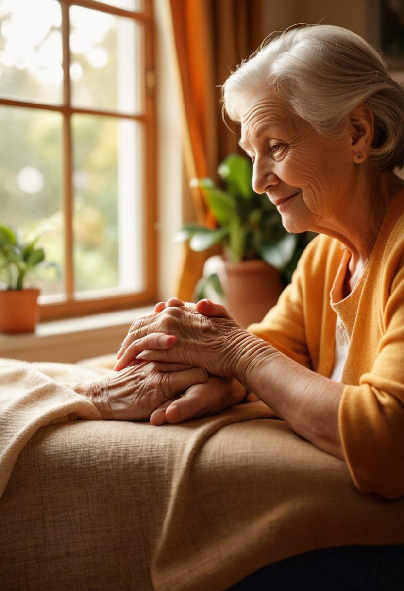 A warm, inviting scene depicting a caregiver holding the hand of an elderly person, with a backdrop of a cozy living room filled with family photos and plants. Soft light filters through a window, highlighting their tender expressions of compassion. Surround them with symbols of affection like hearts and gentle touches, signifying emotional connection. Warm color palette like soft yellows and oranges to evoke a sense of comfort and love. super-realistic. vibrant colors.